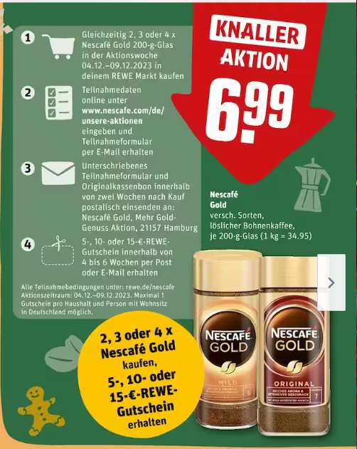 [Rewe] Nescafé Gold Aktion: Bis zu 15€ Einkaufsgutschein beim Kauf zurückerhalten | 04.12.-09.12. (3,45 EUR je Glas möglich)
