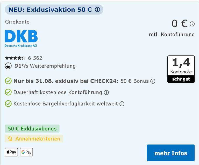 [DKB + Check24] 50,- € Prämie für kostenloses Girokonto (700€/M. Geldeingang / U28), Apple Pay, Google Pay; Neukunden