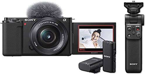 Sony Vlog-Kamera Alpha ZV-E10 mit GP-VPT2BT Handgriff und ECM-W2BT Mikrofon