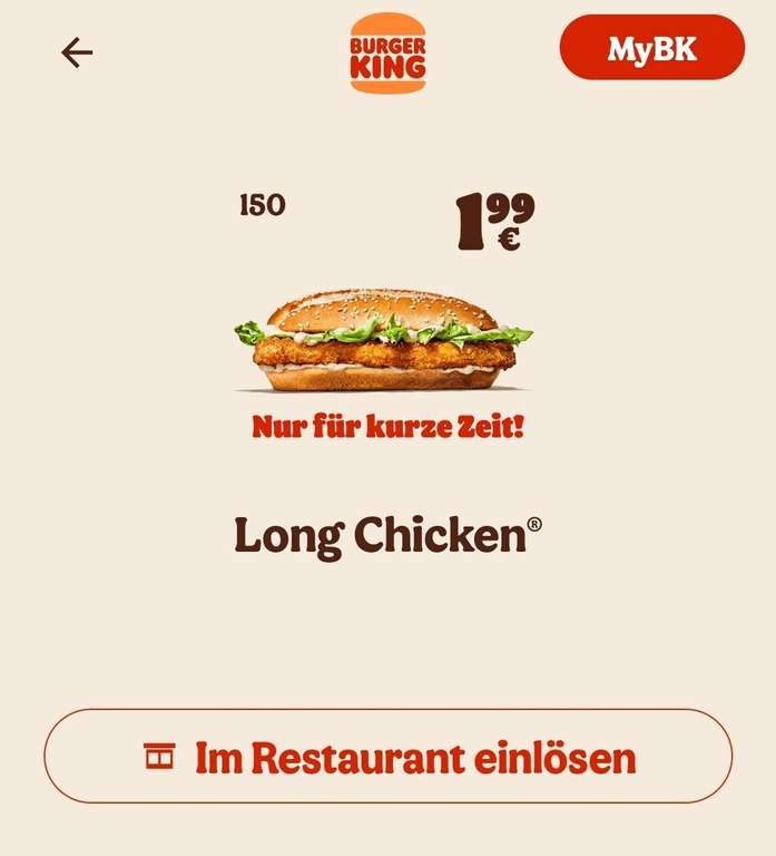 Burger King: Long Chicken für 1,99€ (auch Plant-based)