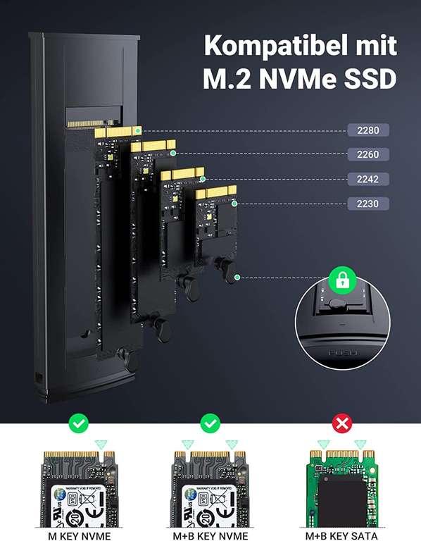 [Prime] Ugreen ‎‎90541 SSD-Gehäuse (für M.2 NVMe M/M&B Key, USB-C 10Gbit/s, bis ~900MB/s Datenrate, Aluminium & Silikon, werkzeuglos)