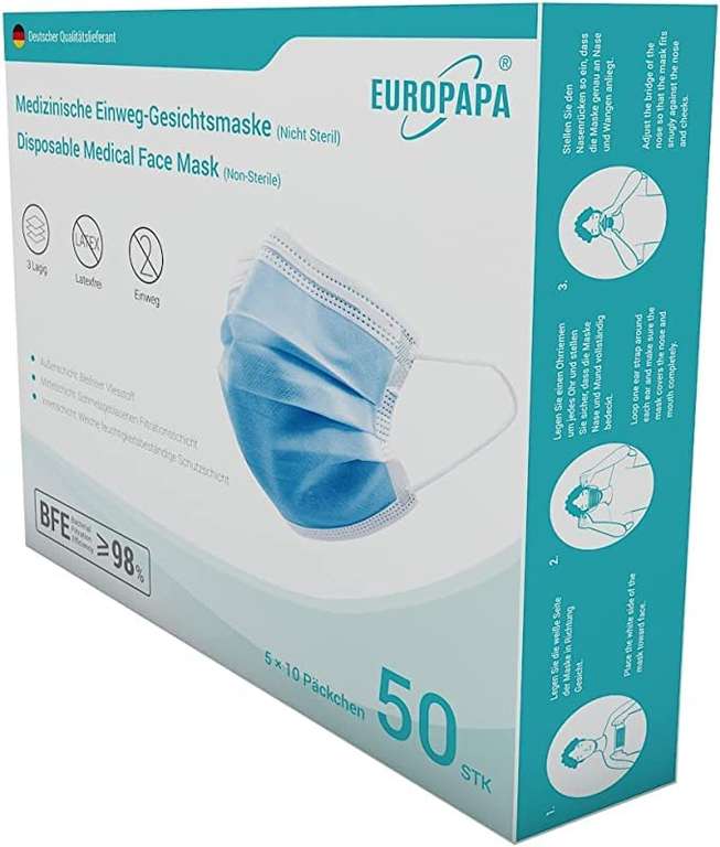 [Amazon] 500 x Medizinische Masken in blau für 8,49€ (Einwegmasken für 0,02€ pro Stück)