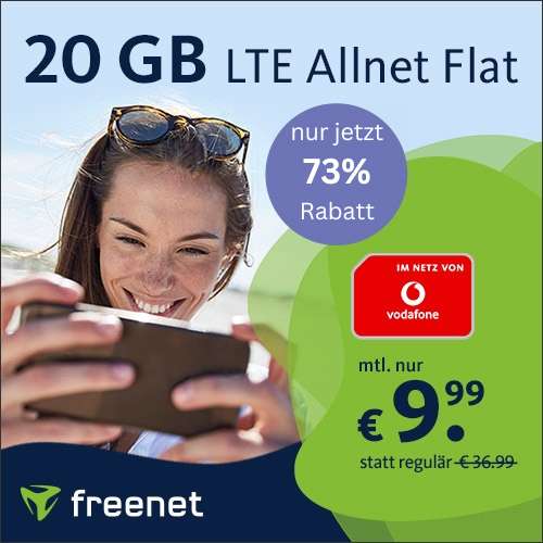 [Vodafone-Netz] 20GB LTE Tarif von freenet für mtl. 9,99€ mit VoLTE, WLAN Call, Allnet- & SMS-Flat + eSIM | keine AG durch SMS
