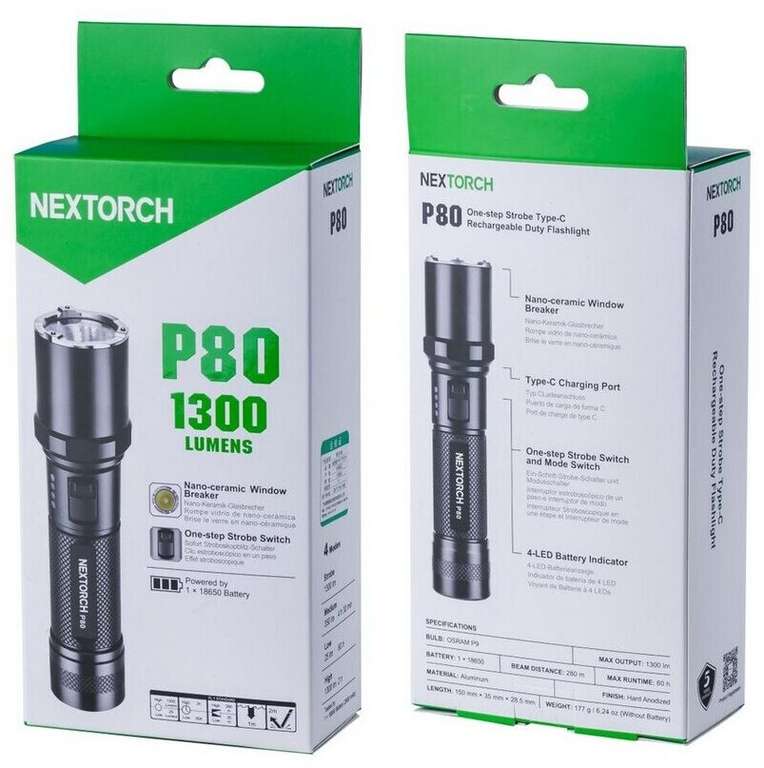 Nextorch P80 Taschenlampe (Osram P9 LED, bis 1300lm, 2-60h Laufzeit, USB-C, IPX7, Glasbrecher, inkl. 2600mAh 18650 Li-Ion-Akku)