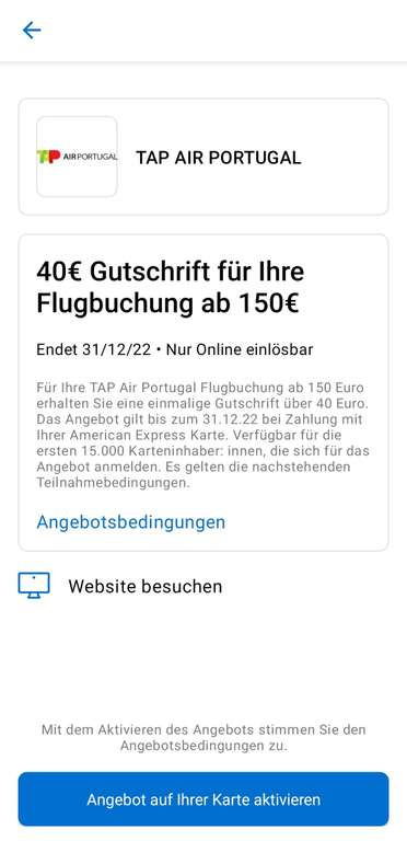 [Amex Offer] 40€ Gutschrift für ihre Flugbuchung ab 150€ bei TAP Air Portugal (personalisiert)