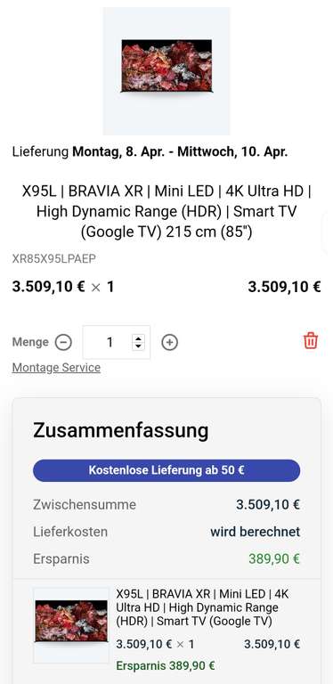 [CB] 85 Zoll Sony Bravia XR Mini LED X95L 4K UHD HDR