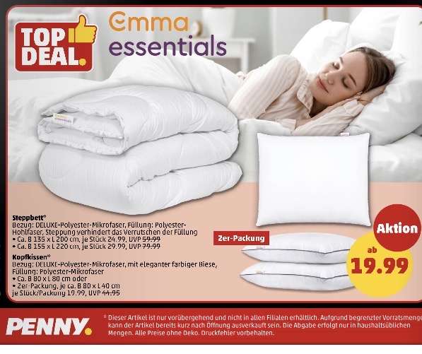 Emma Essentials Kissen & Steppbett ab 19,99 € bei PENNY