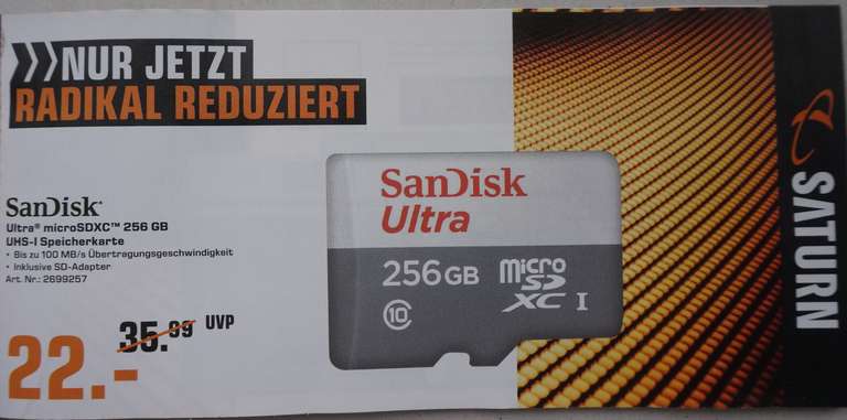[Saturn] Gutscheinheft SanDisk Ultra microSDXC 256 GB UHS-I Speicherkarte 22€