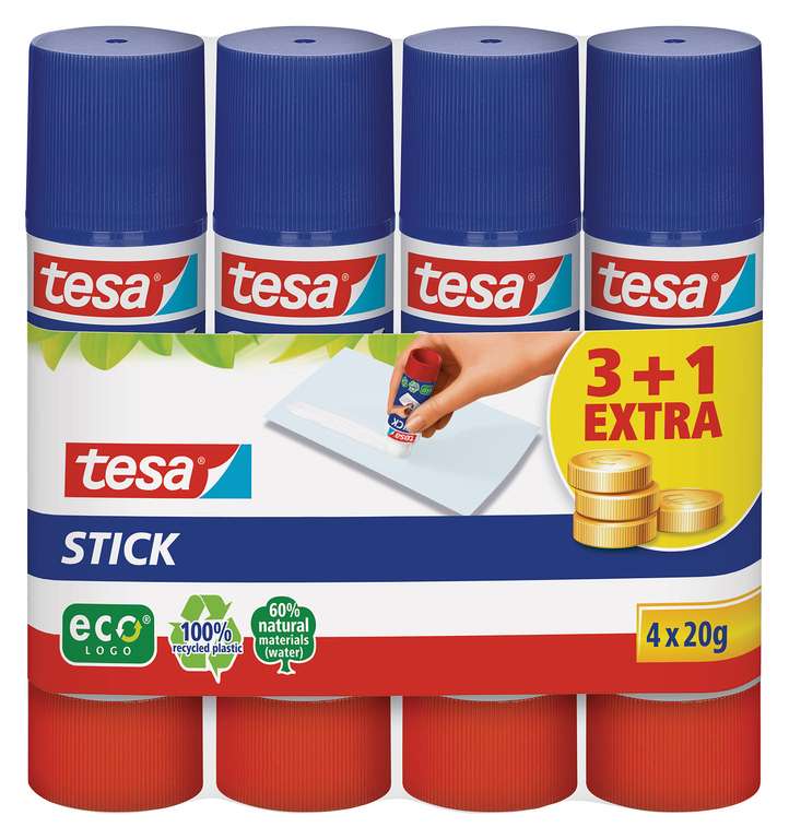 tesa Stick ecoLogo - Geruchsneutraler Klebestift für Papier und Pappe - Lösungsmittelfrei und Umweltschonend - 4 x 20 g (Prime)