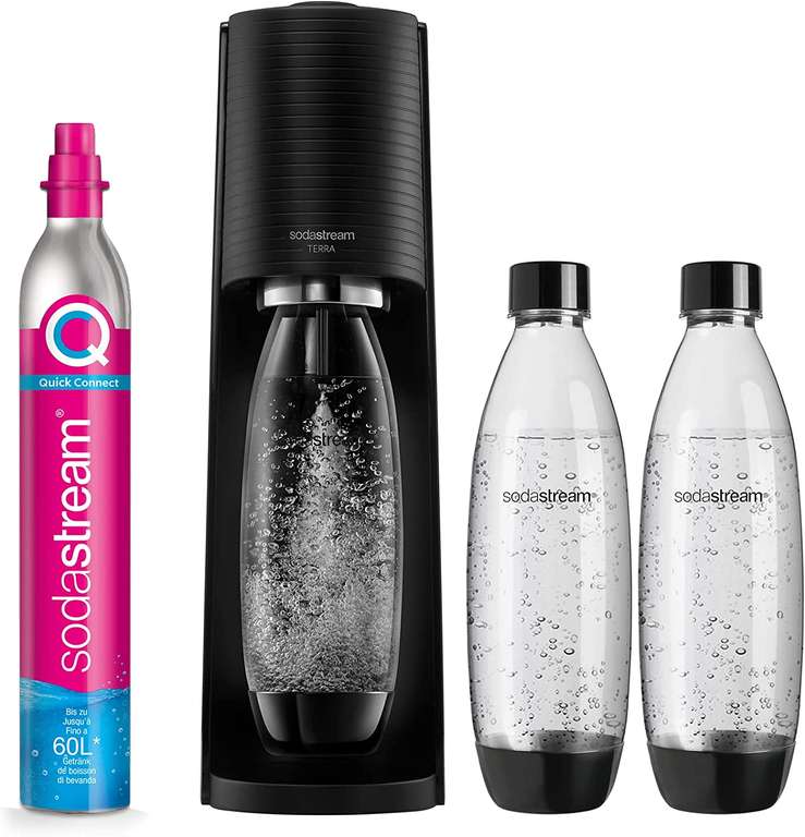 SodaStream Wassersprudler TERRA Promopack mit CO2-Zylinder und 3x 1L spülmaschinenfeste Kunststoff-Flasche (Schwarz oder Weiß, Höhe 44 cm)