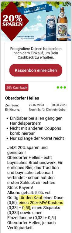 [Kaufland 17.-20.8.] Oberdorfer Helles 20x 0,5L für 12,99€ mit Kaufland-Card, zusätzlich 20% Scondoo Cashback, Kasten eff. 10,40€