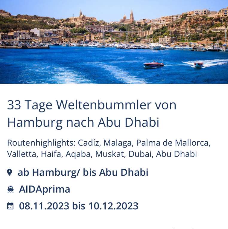 33-Tage Kreuzfahrt: Hamburg nach Abu Dhabi November 2023 Doppelkabine