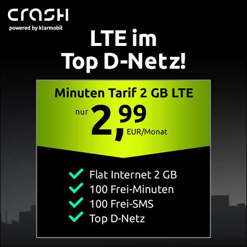 [Vodafone-Netz] 2GB LTE im Crash Tarif + 100 Frei-Minuten & SMS für mtl. 2,99€ & 9,99€ Anschlusspreis + kostenlose eSIM + VoLTE & WLAN Call