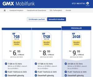 GMX/Web 24GB Allnet für 9,99€, 1&1, 5G, monatlich kündbar - für Premiumkunden ohne Aktivierungsgebühr