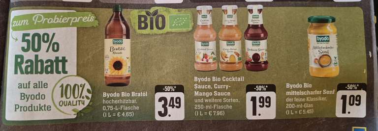50% Rabatt auf alle Byodo Produkte, z.B. Bio mittelscharfer Senf für 1,09 € je Glas oder versch. Bio Saucen je 1,99 €... [Edeka Südwest]