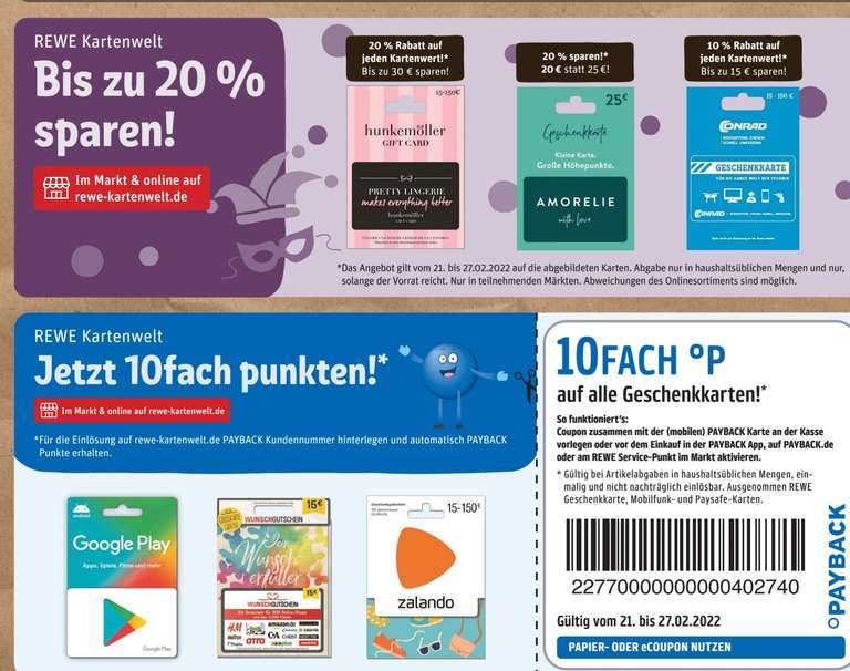 [Rewe-Kartenwelt | on-/offline] 10-fach Payback auf alle Geschenkkarten / 20% auf Amorelie / 10% auf Conrad | offline: 20% auf Hunkemöller