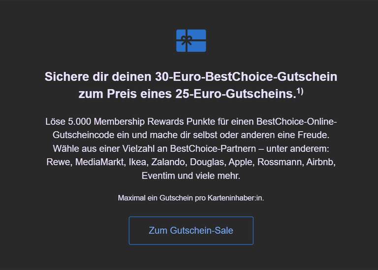 [Für AMEX Kunden][1 Stück limitiert] 30 Euro BestChoice classic Gutschein zum Preis von 25 Euro (5000 MRP)