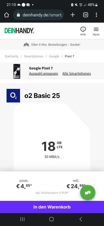 O2 Netz: Google Pixel 7, mit O2 Basic 25, 18 GB LTE