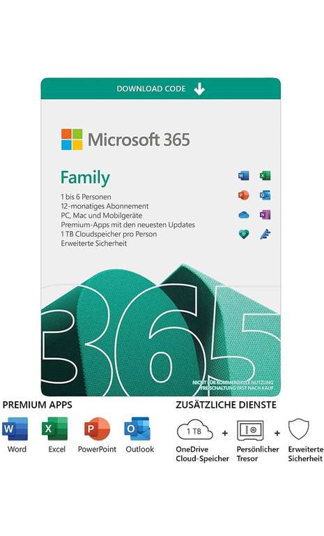 Microsoft 365 Family | 6 Nutzer | Mehrere PCs/Macs, Tablets und mobile Geräte | 1 Jahresabonnement