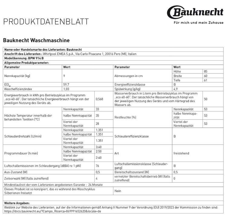 Waschmaschine Frontlader Bauknecht BPW 914 B 9KG Weiß 15 Fach Payback =~26 o. 10%Extra Rabatt