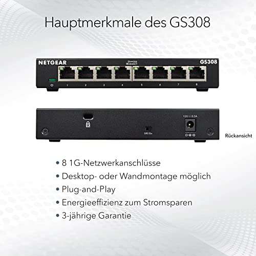 Amazon Prime: NETGEAR GS308 LAN Switch 8 Port Netzwerk Switch (Plug-and-Play Gigabit Switch)