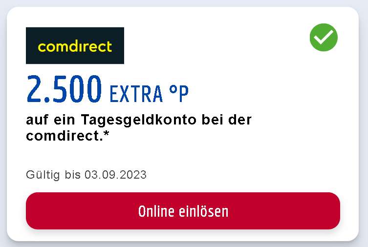 [Comdirect+Payback] 2.500 Extrapunkte auf Tagesgeldkonto, 3,25% pa, bis zu 12 Monate möglich, bis 100.000€, Neukunden; personalisiert
