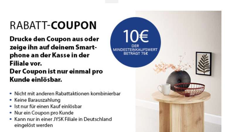 10 Euro Gutschein für Offline Shop von Jysk bei Newsletterabo (75 MBW)