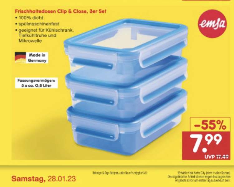 [Netto MD OFFLINE] EMSA Clip & Close Frischhaltedosen 3-teiliges Set (26.01. - 28.01.)