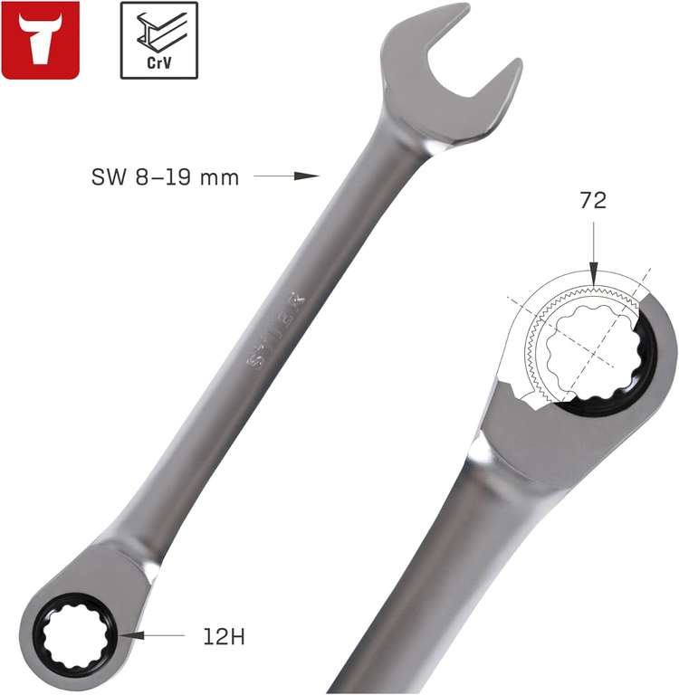 STIER Maul-Ringratschenschlüssel-Satz, 12-teilig, SW 8-19 mm, 12H-Profil, flache Ausführung, Chrom-Vanadium-Stahl (ebay/Amazon)