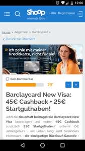 Shoop: Barclaycard New Visa: 45€ Cashback + 25€ Startguthaben!