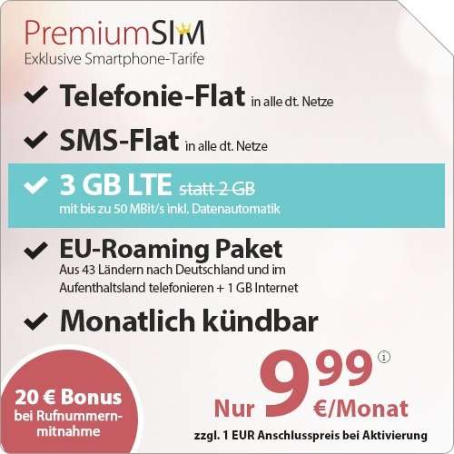 [PRIME] PremiumSIM 3 GB LTE-Internet , Telefonie-Flat und SMS-Flat. Europa-Paket, 9,99 Euro/Monat