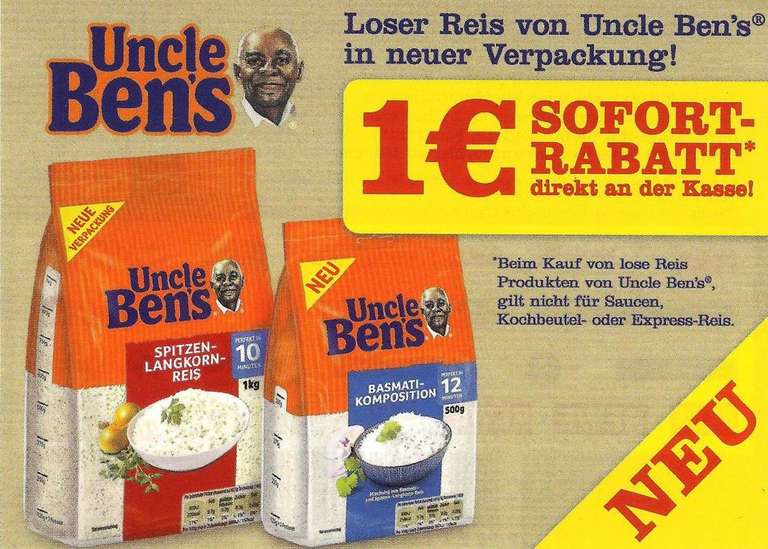 Uncle Ben's -1,00€ Sofort-Rabatt-Coupon auf 1x Uncle Bens loser Reis in neuer Verpackung [Bundesweit]