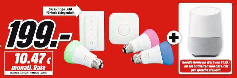 [Mediamarkt] PHILIPS Philips Hue White & Color Ambiance 3. Generation Starter Kit Mehrfarbig inc. GOOGLE Home Sprachgesteuerter Lautsprecher für 199,-€ Bei Abholung