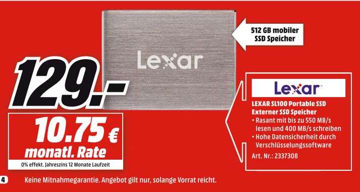 [Mediamarkt ]Lexar SL100 512GB Portable SSD - LPSSD512RBEU inklusive EncryptStick Lite für 129,-€