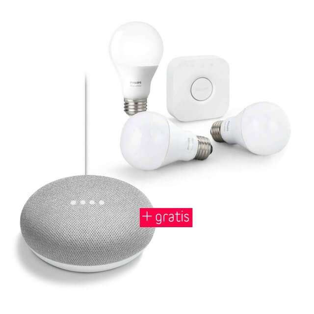 Philips Hue White Starter Kit E27 (3 Lampen, Bridge & Dimmer) + gratis Google Home Mini
