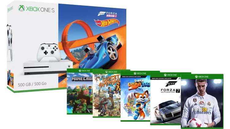 Xbox One S + Forza Horizon 3 inkl. Hot Wheels DLC + FIFA 18 + Forza Motorsport 7 + Minecraft inkl. Explorers Paket + Super Lucky's Tale + Sunset Overdrive für 279€ (Microsoft FR)