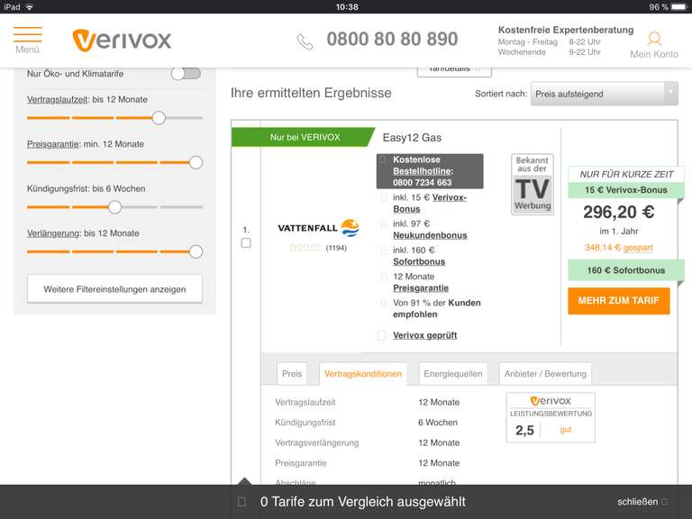 Vattenfall Easy 12 Gas über Verivox  272€ Bonus bei 9000 kWh