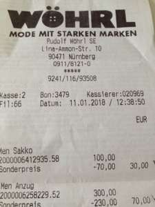 Wöhrl in Nürnberg (Lina-Ammon-Str. 10) Räumungsverkauf - Sakko 30 €, Anzug 70 €, Hemd 10 €