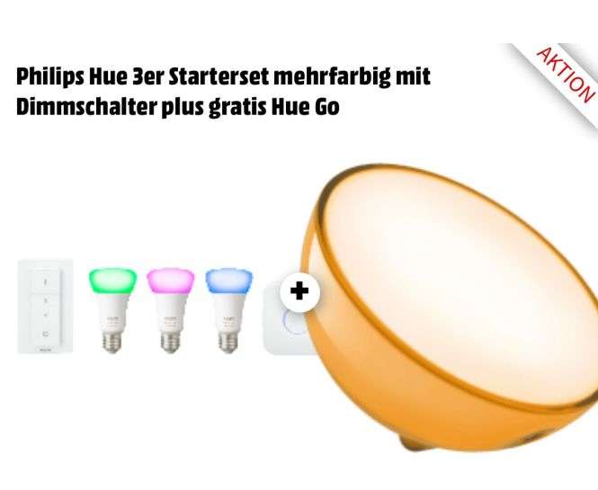 Philips Hue Go +  White & Color Ambience 4. Gen E27 LED Dreierpack mit gratis Hue Go + Dimmschalter + Bridge / kompatibel mit Alexa (Echo, Echo Dot), steuerbar via App / Bei Abholung, ansonsten 4,99 € Versand