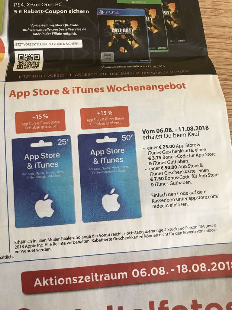 iTunes Guthaben bei Müller 15% extra