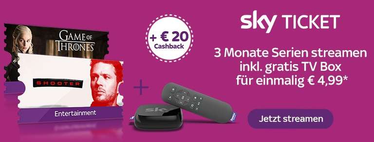 3 Monate Entertain + Sky TV Box (Idealo: 26,50€) + 20 € Shoop Cashback für 4,99 € (Nur SkyTicket Neukunden)