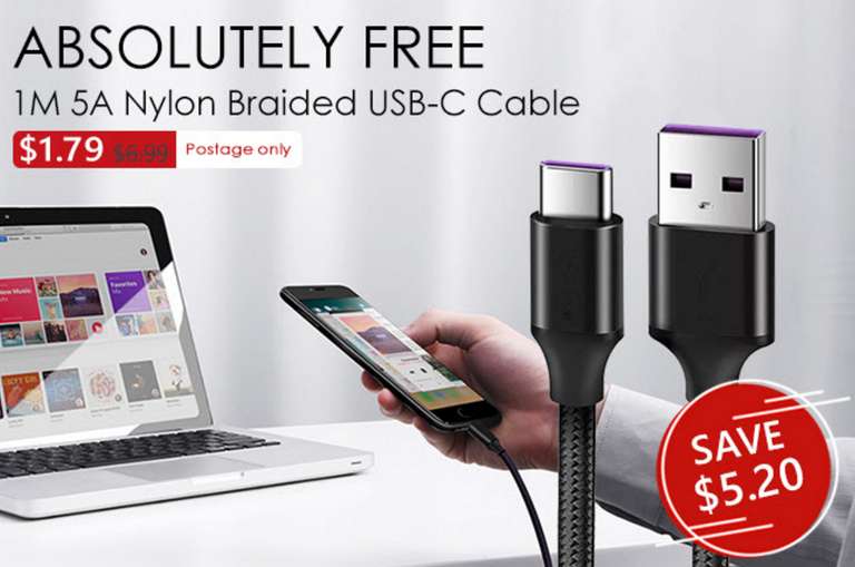 [Zapals.com] 5A Supercharge Braided USB Type-C Charging Data Sync Cable - 100cm