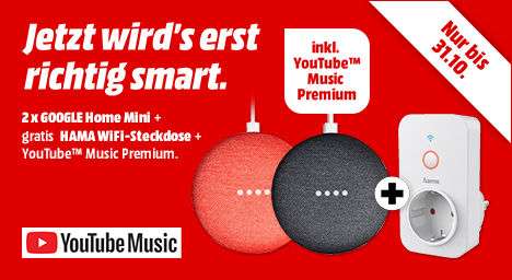 [Media Markt bundesweit offline & online] 2x Google Home Mini + Hama Wifi Steckdose + Youtube Premium