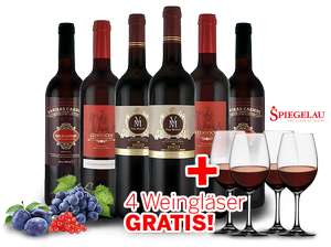 SPANIEN Genusspaket mit 6 Flaschen Rotwein + 4 Spiegelau Gläser für 49,99€