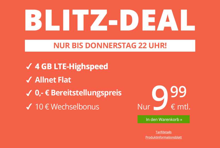 winSIM Blitzdeal - monatlich kündbar, 4GB LTE, Allnet Flat, SMS Flat, 0€ Anschlusspreis für nur 9,99€ im Monat