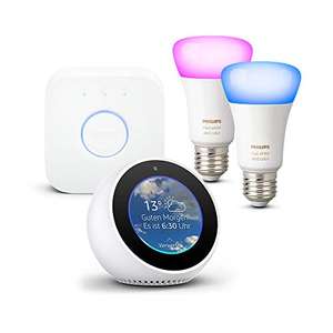 Amazon Echo Spot, Weiß + Philips Hue White und Color Ambiance E27 LED Lampe Starter Set, 2 Lampen