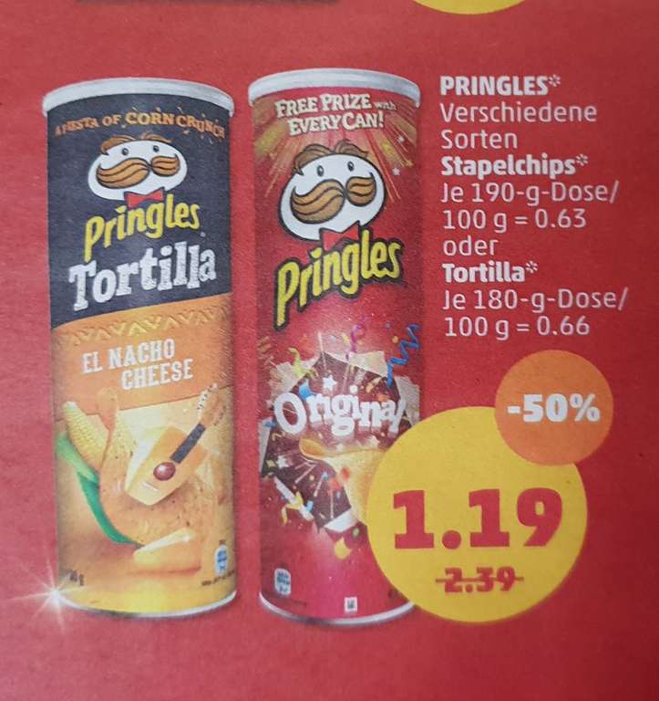 Penny ab 27.12.2018: Pringles (vers. Sorten 190/180gr.) für 1,19 Euro / 0,69 Euro durch Gutschein