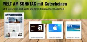 "Welt am Sonntag" Abo 3 Monate (13Ausgaben) für 44€ + 20€ Amazon/iTunes Gutschein + 100€ Holidaycheck Gutschein (Pauschalreise, ohne MBW!)