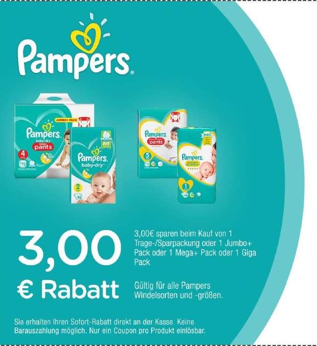 Neuer 3,00€ Pampers Coupon für 1x Spar-, Jumbo-, Mega-, Giga-Pack [31.08.2019]