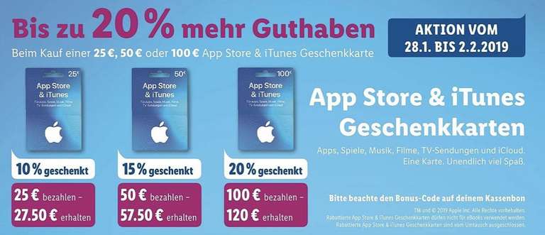 Bis zu 20% mehr Guthaben bei App Store & iTunes Geschenkkarte [Lidl ab 28.01.2019]